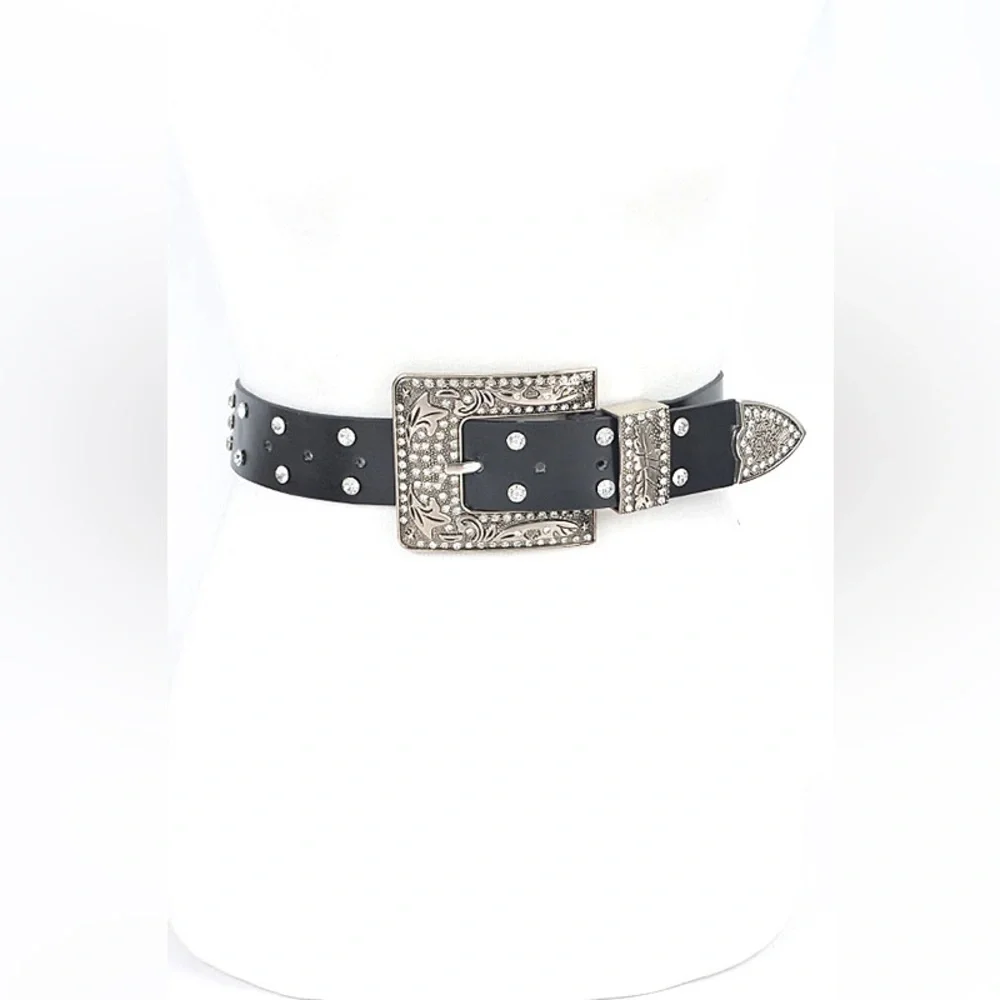 Plus Size Vegan Leather Black Studded Statement Belt